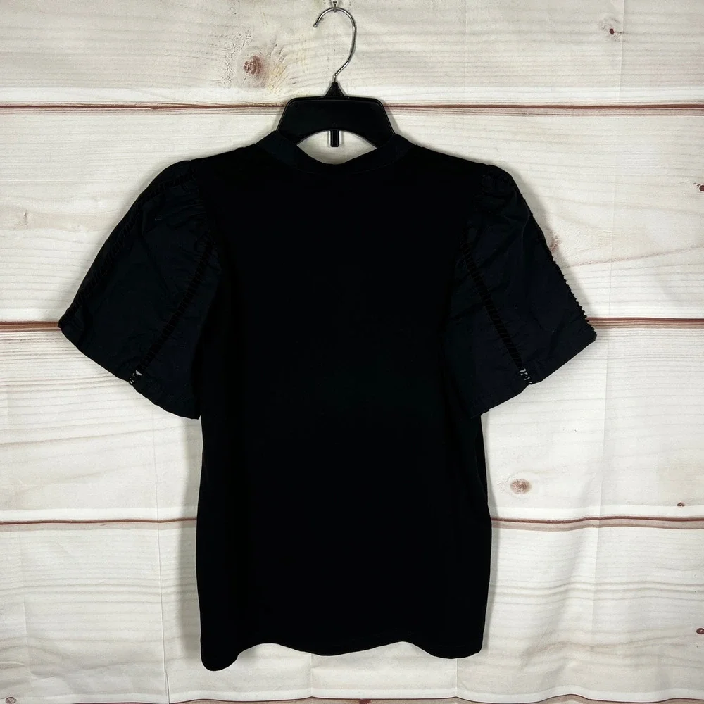 LOFT Mixed Media Puff Sleeve Top Womens Small‎ Black Solid V-Neck Cotton Preppy